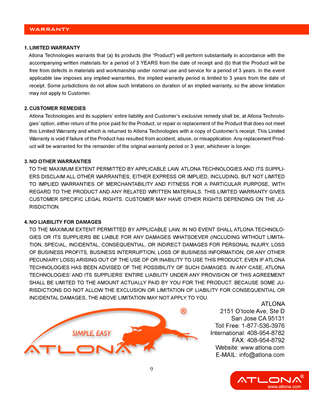 Atlona AT-HDMI40SR user manual Warranty 