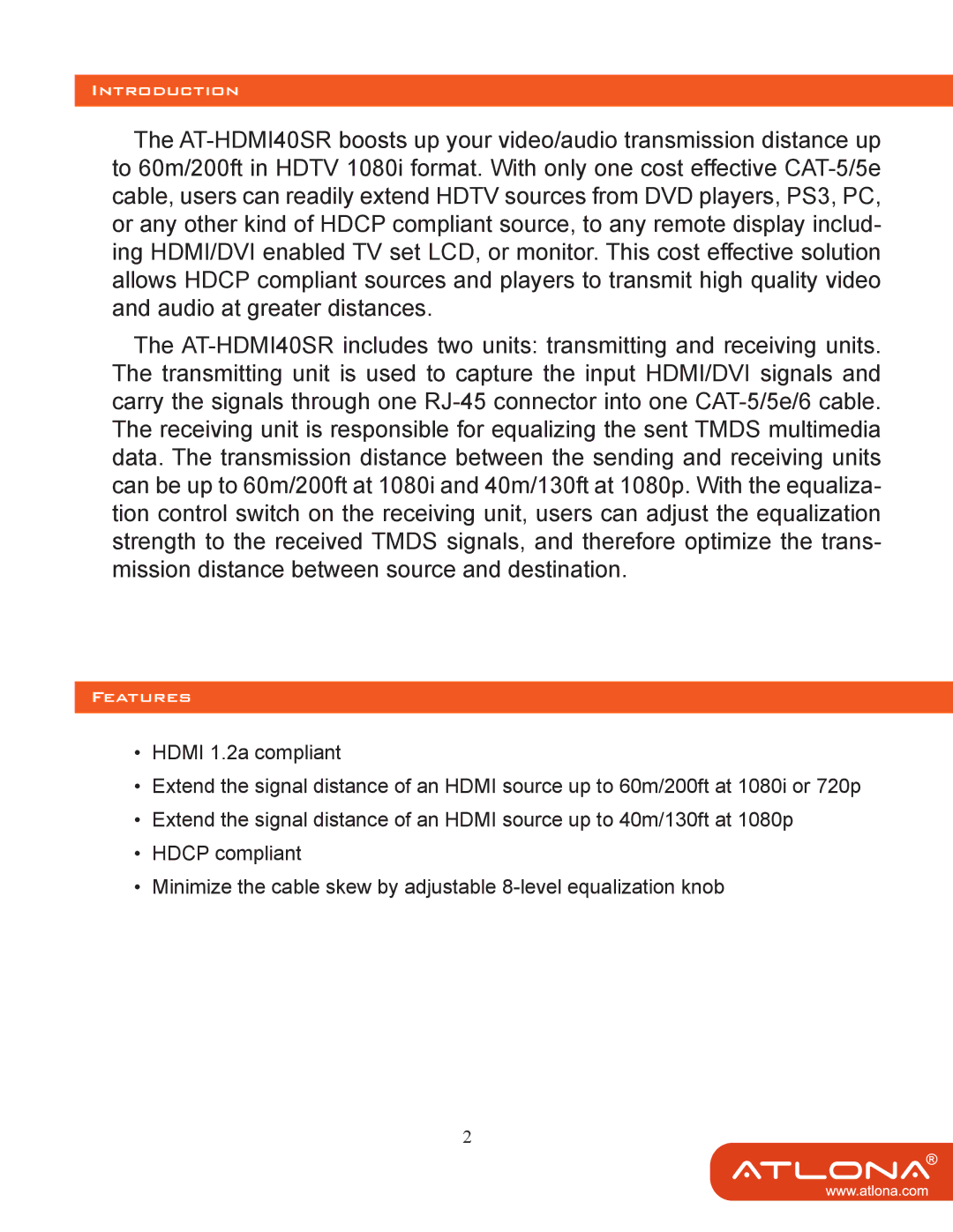 Atlona AT-HDMI40SR user manual Introduction 