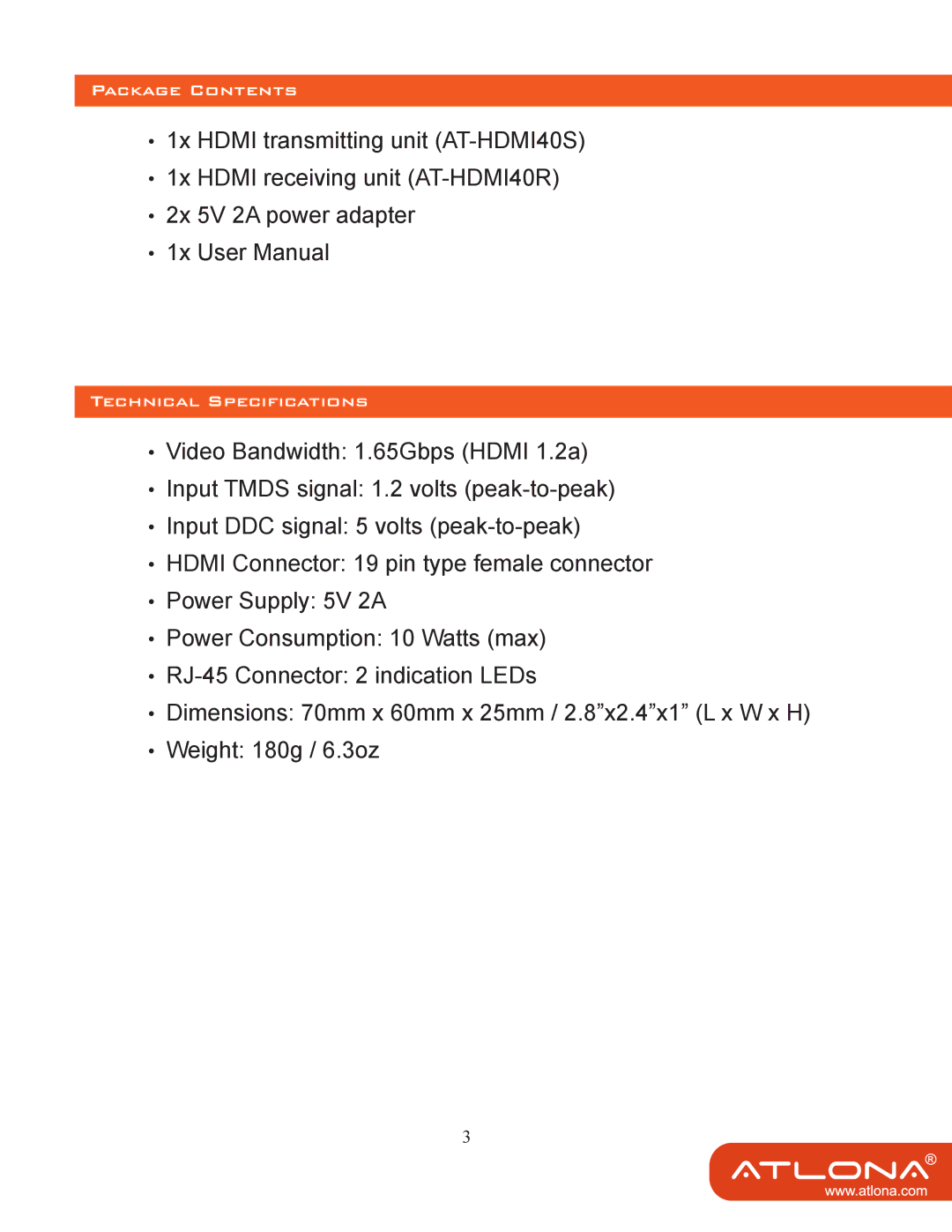 Atlona AT-HDMI40SR user manual Package Contents 