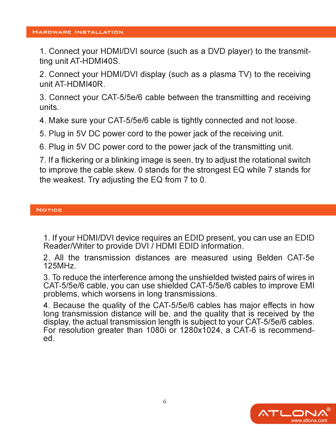 Atlona AT-HDMI40SR user manual Hardware Installation 