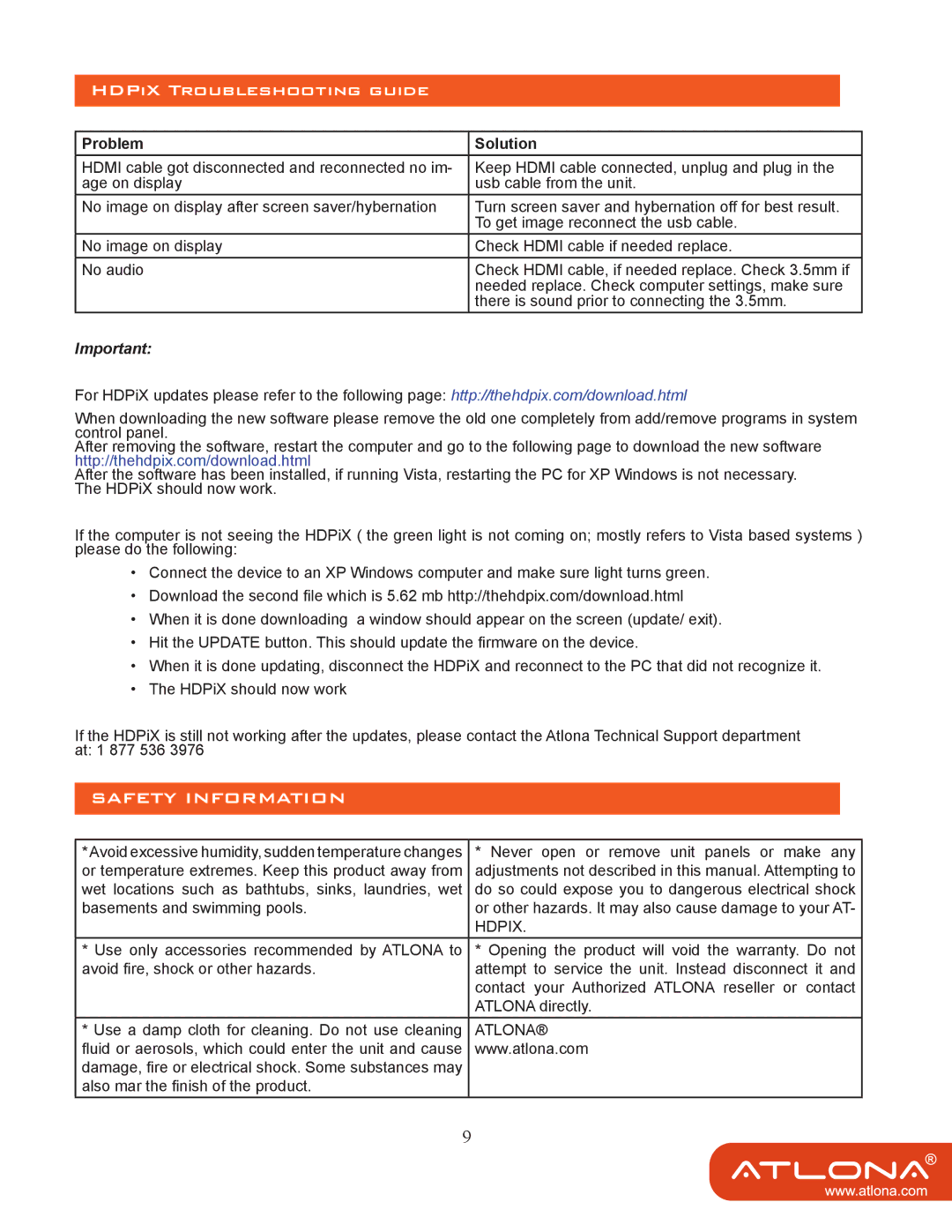 Atlona AT-HDPIX user manual Safety Information, Hdpix 