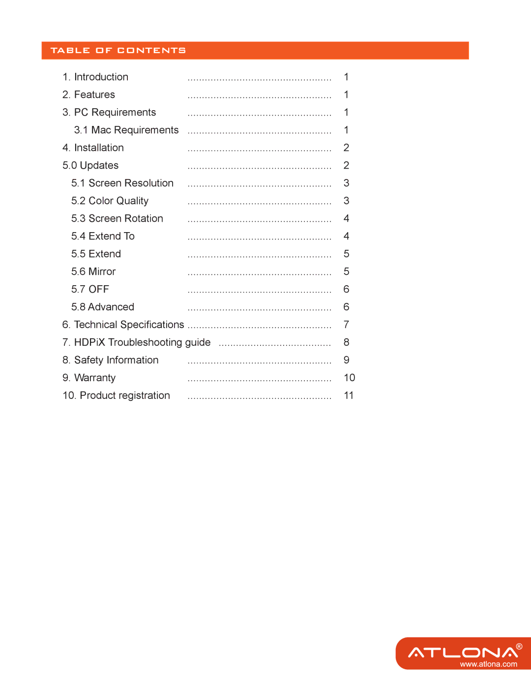 Atlona AT-HDPIX user manual Table of Contents 