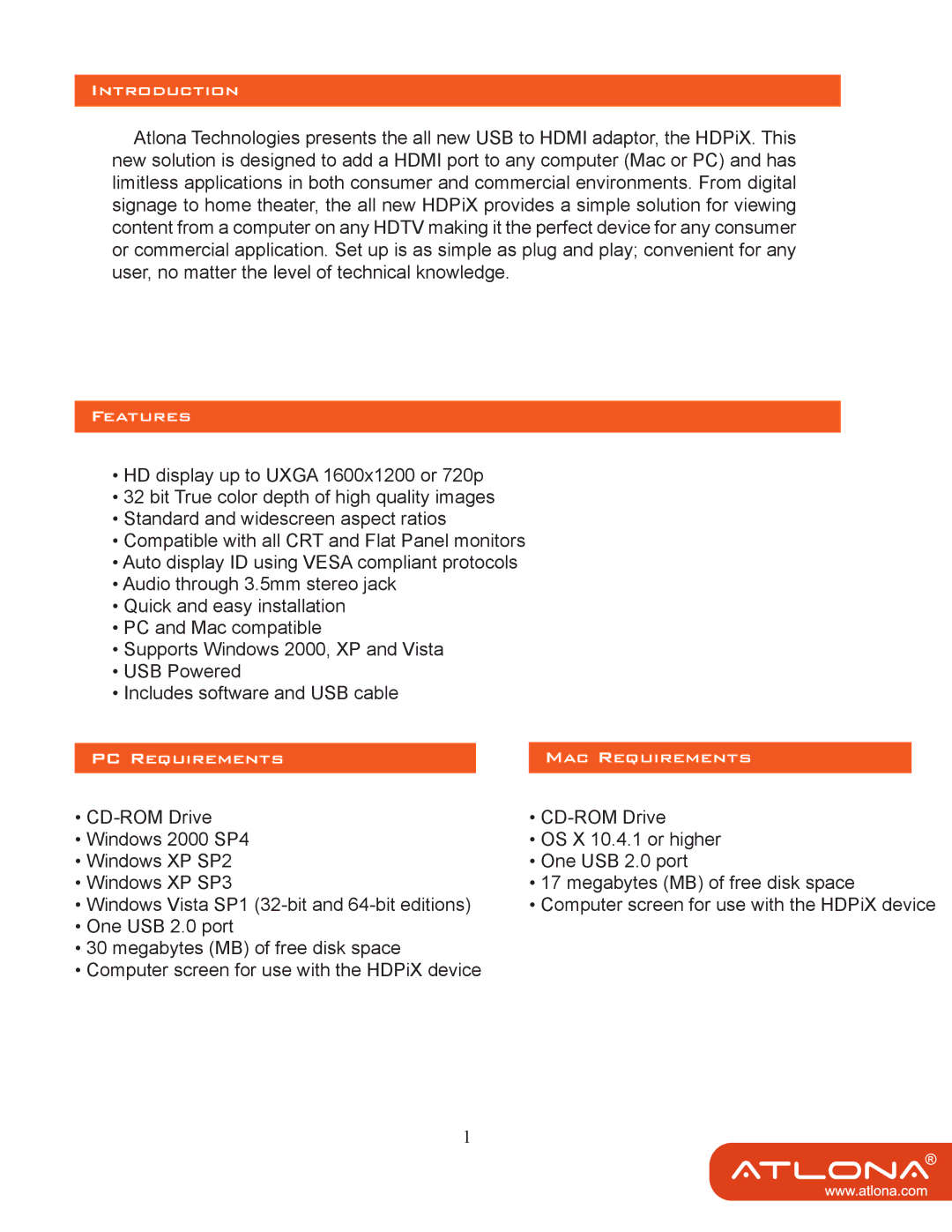 Atlona AT-HDPIX user manual Introduction, Features, PC Requirements MAC Requirements 