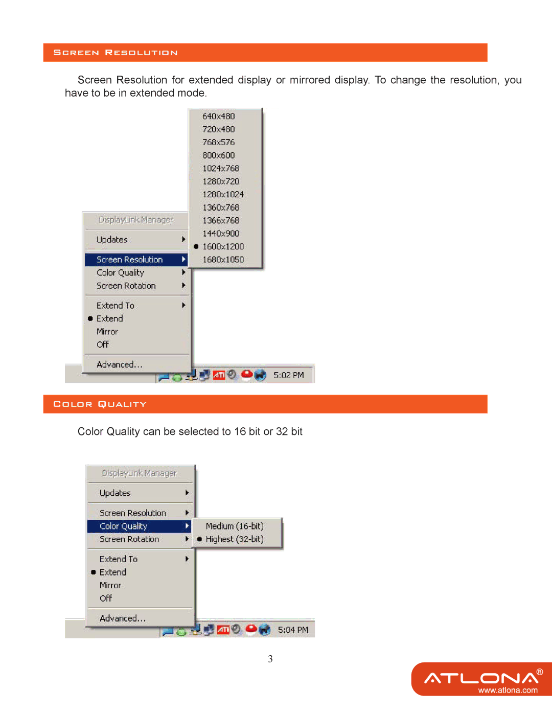 Atlona AT-HDPIX user manual Screen Resolution, Color Quality 