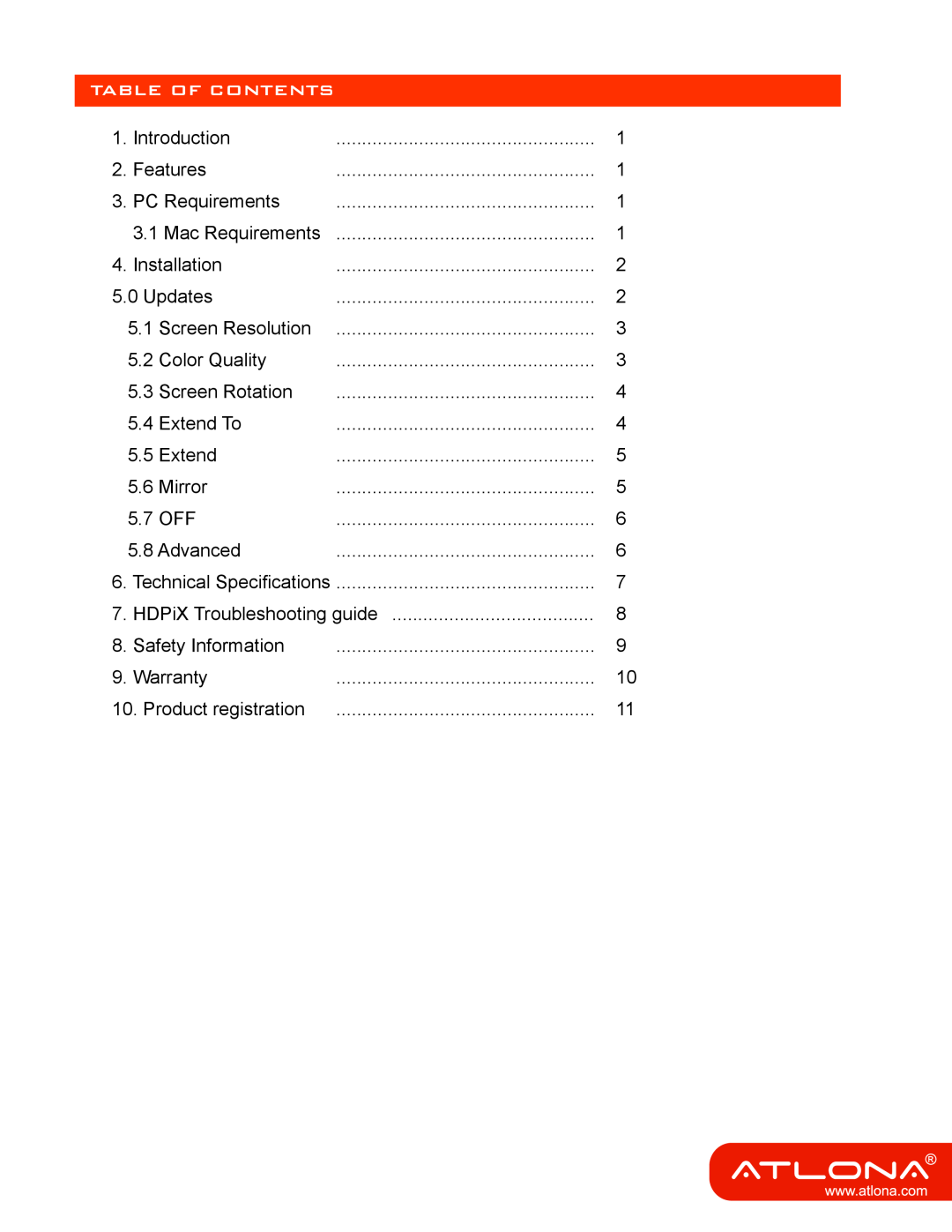 Atlona AT-HDPIX user manual Table Of Contents 