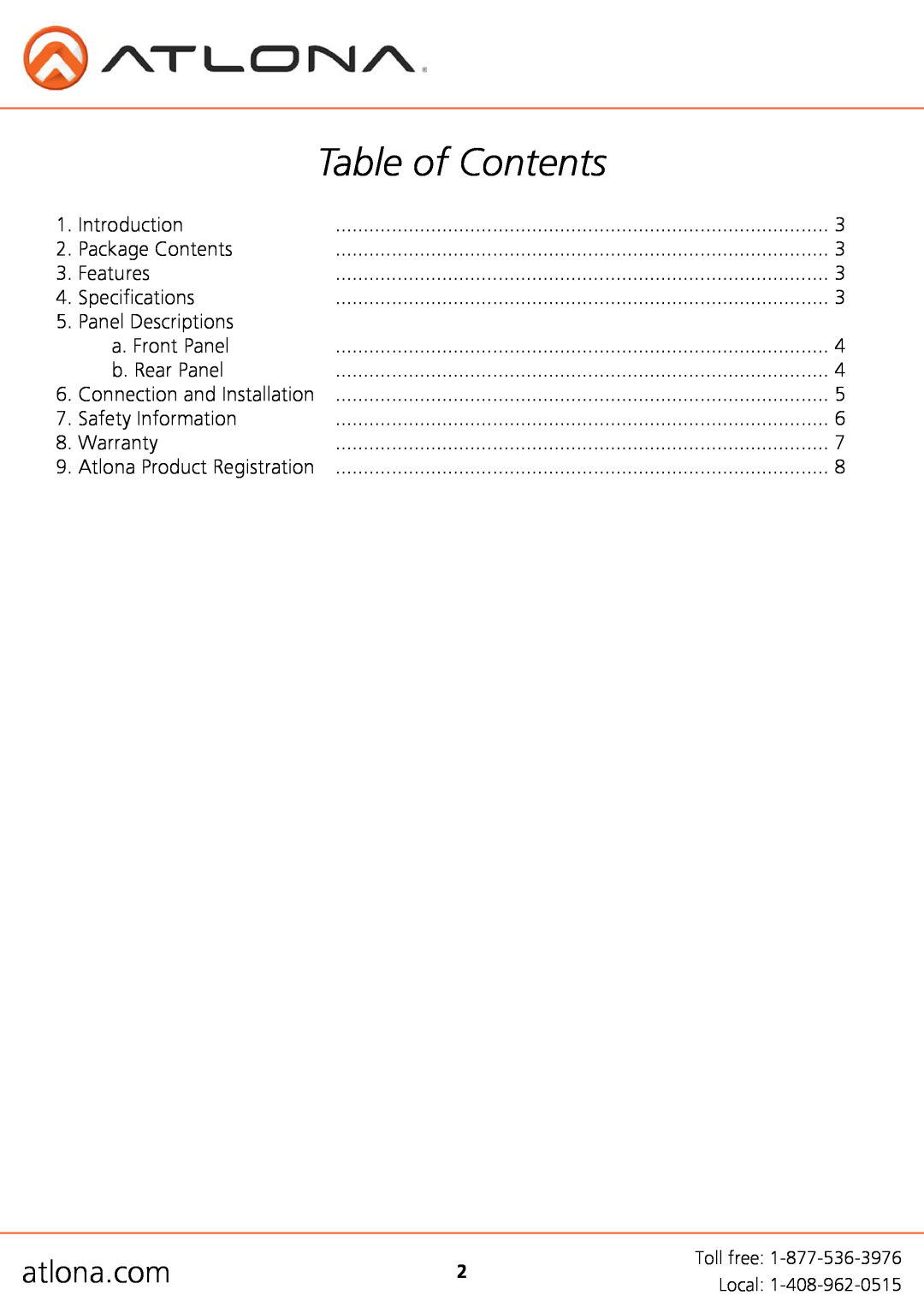 Atlona AT-HDTX-RSNET user manual Table of Contents, atlona.com 
