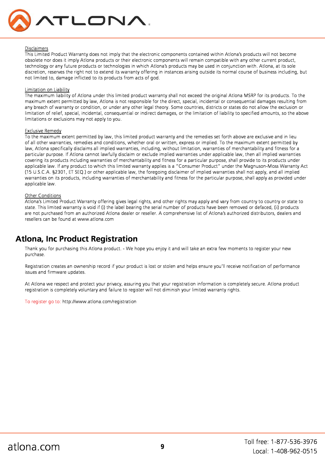 Atlona AT-HDTX-RSNET user manual Atlona, Inc Product Registration, atlona.com 