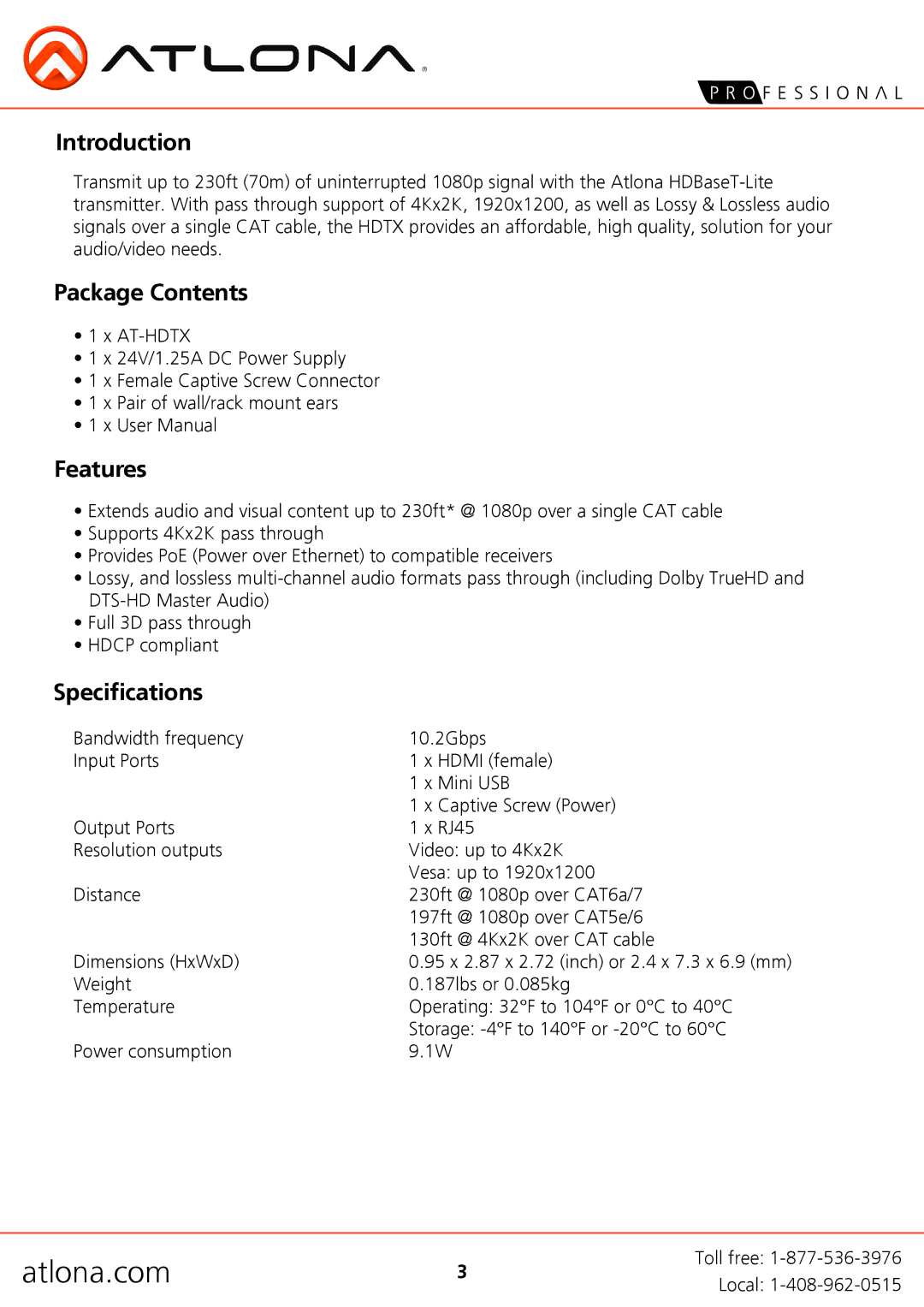 Atlona AT-HDTX user manual Introduction, Package Contents, Features, Specifications 