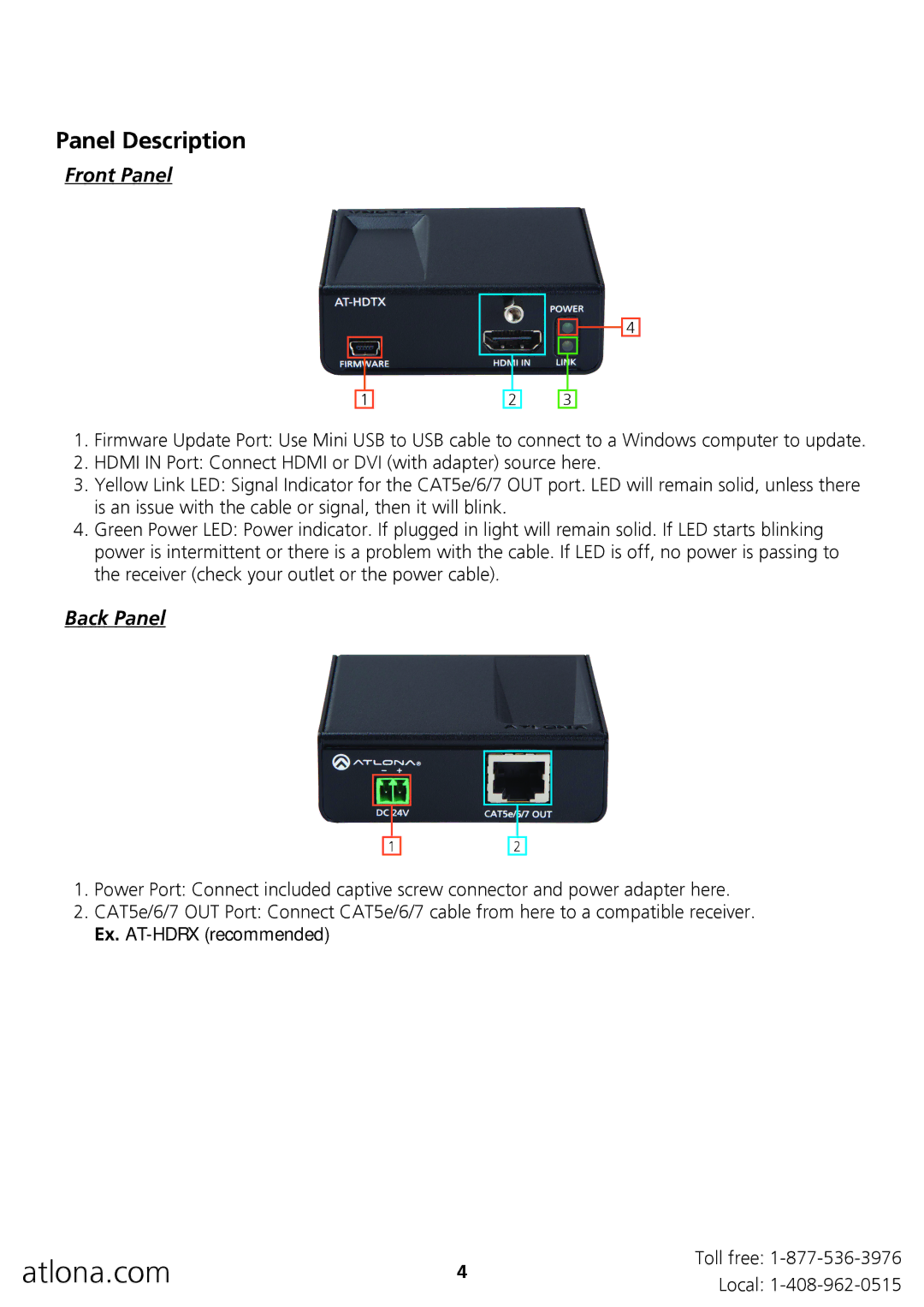 Atlona AT-HDTX user manual Panel Description, Front Panel, Back Panel 