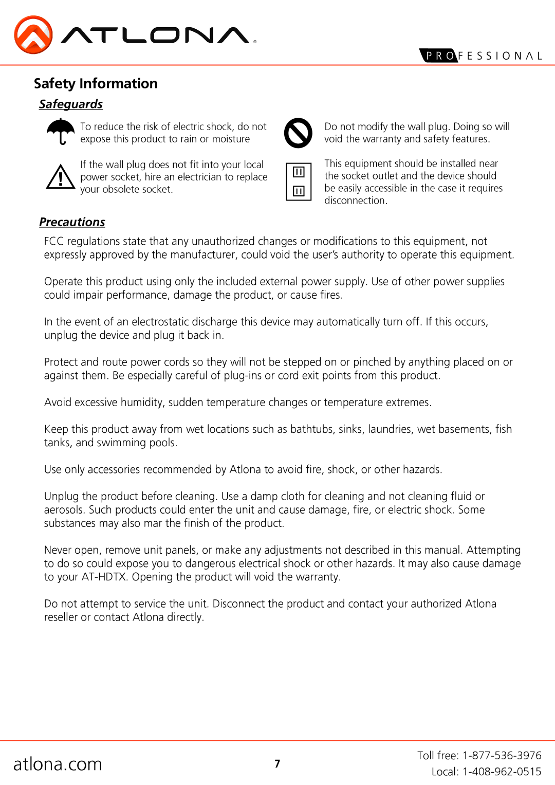 Atlona AT-HDTX user manual Safety Information, Safeguards, Precautions 