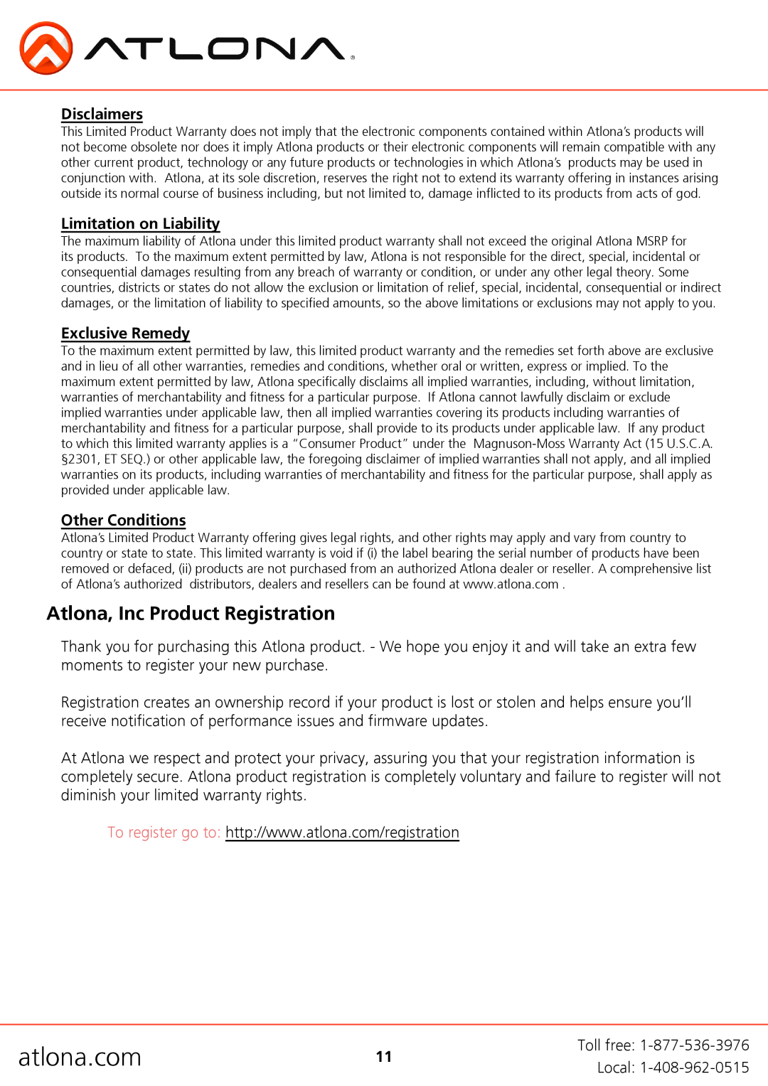 Atlona AT-HDVS-TX Atlona, Inc Product Registration, atlona.com, Disclaimers, Limitation on Liability, Exclusive Remedy 