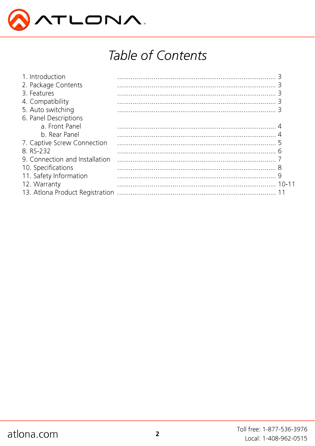 Atlona AT-HDVS-TX user manual Table of Contents, atlona.com 