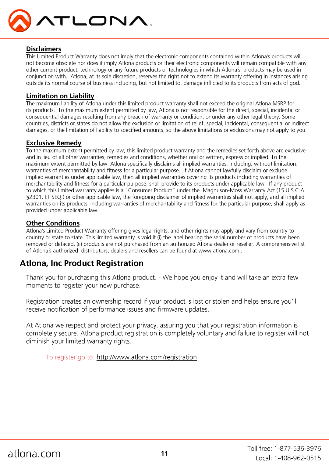 Atlona AT-HDVS-TX user manual Atlona, Inc Product Registration, Disclaimers 