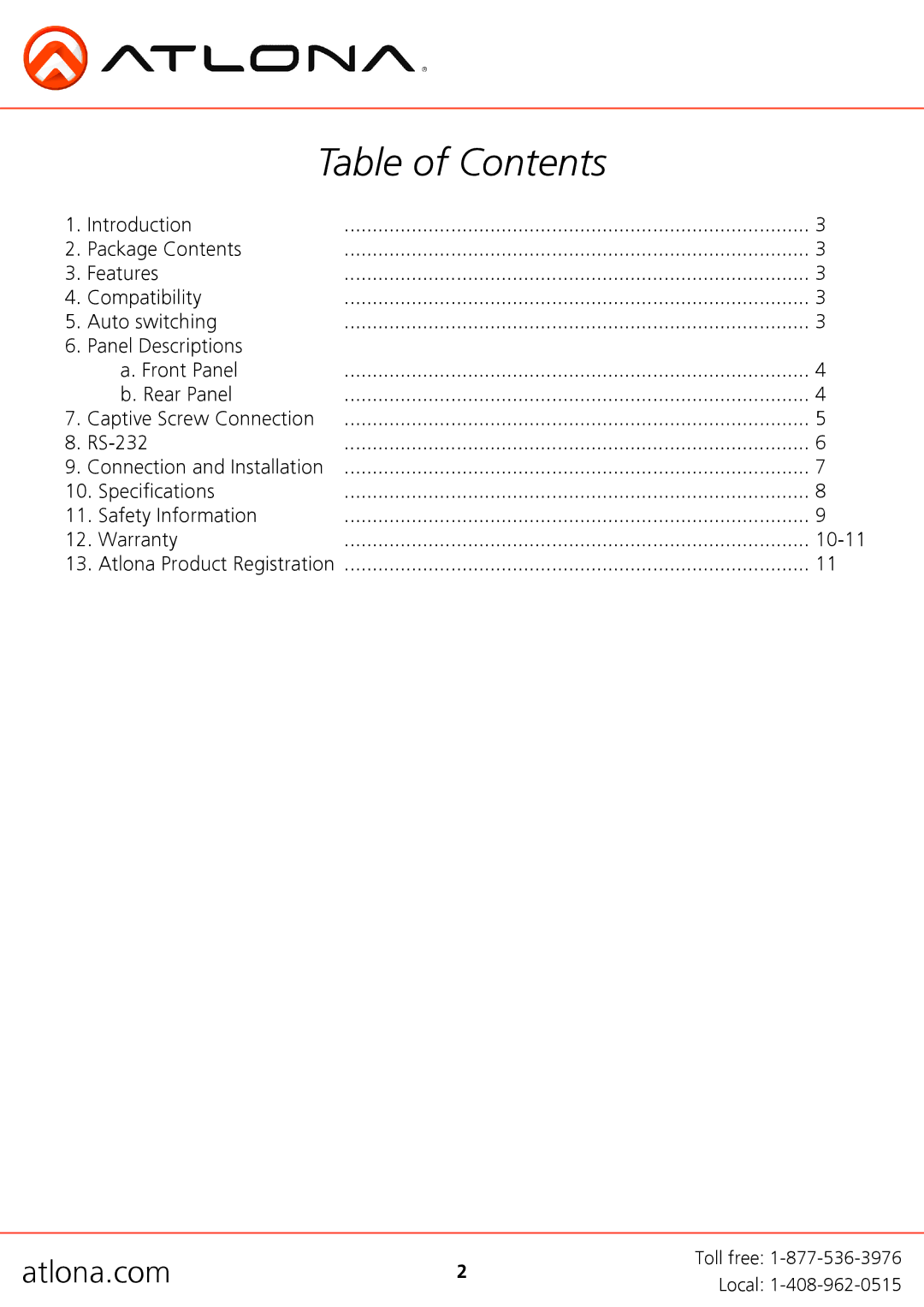 Atlona AT-HDVS-TX user manual Table of Contents 