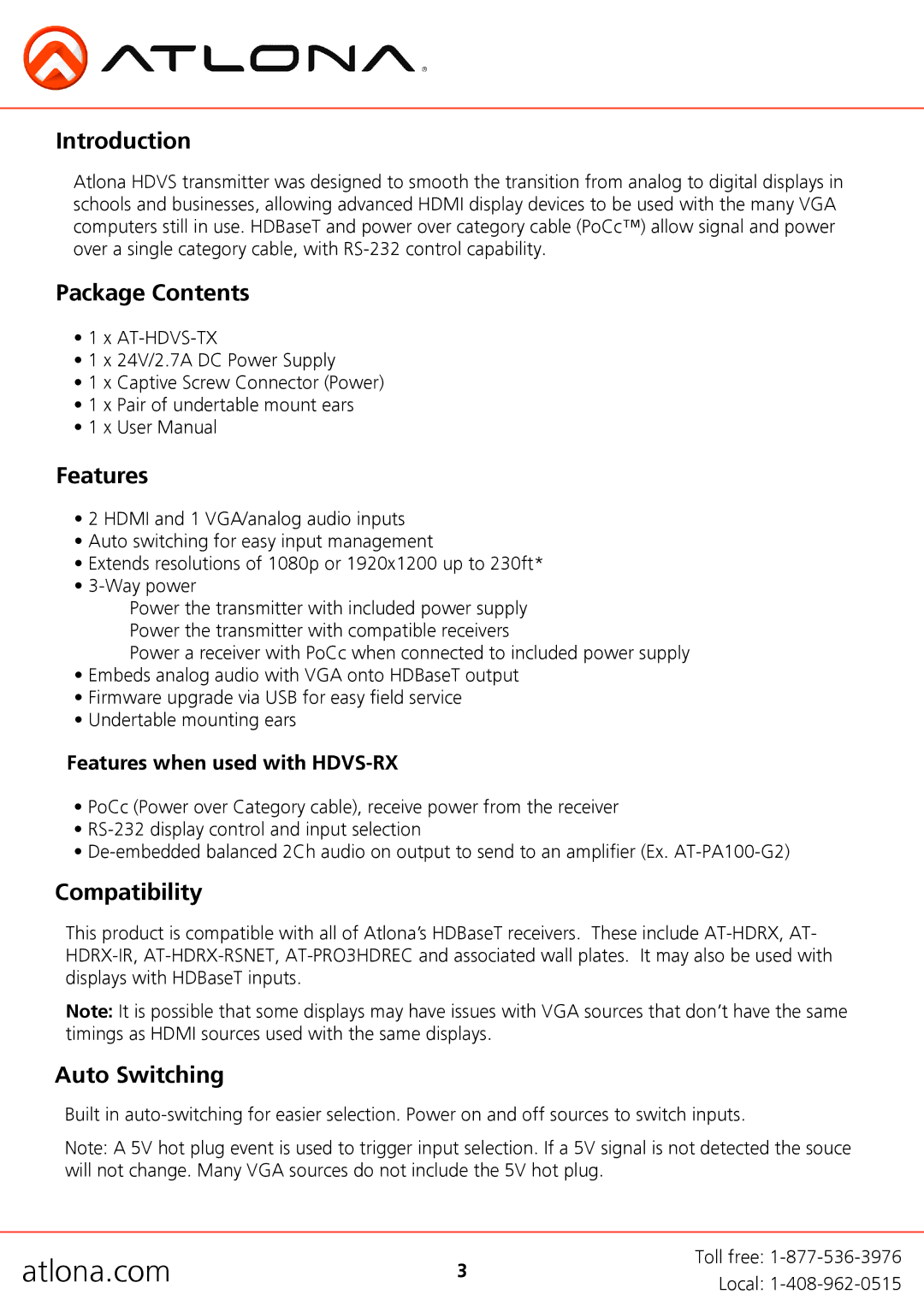 Atlona AT-HDVS-TX user manual Introduction, Package Contents, Features, Compatibility, Auto Switching 