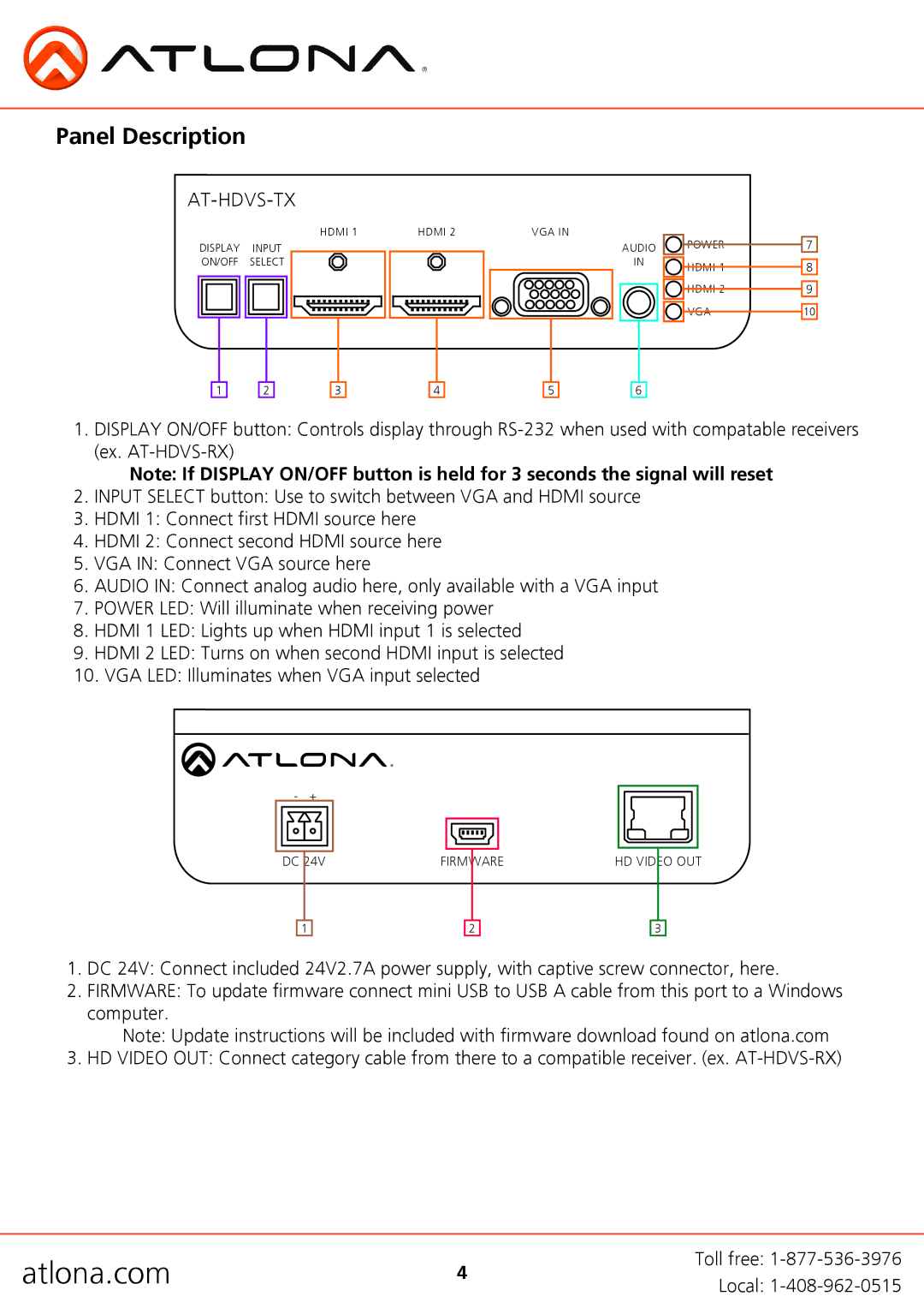 Atlona AT-HDVS-TX user manual Panel Description, At-Hdvs-Tx 