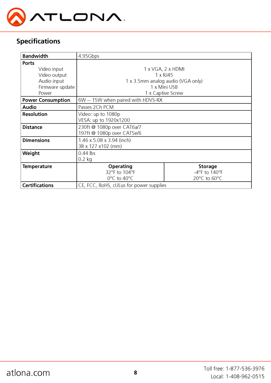 Atlona AT-HDVS-TX user manual Specifications, Ports 