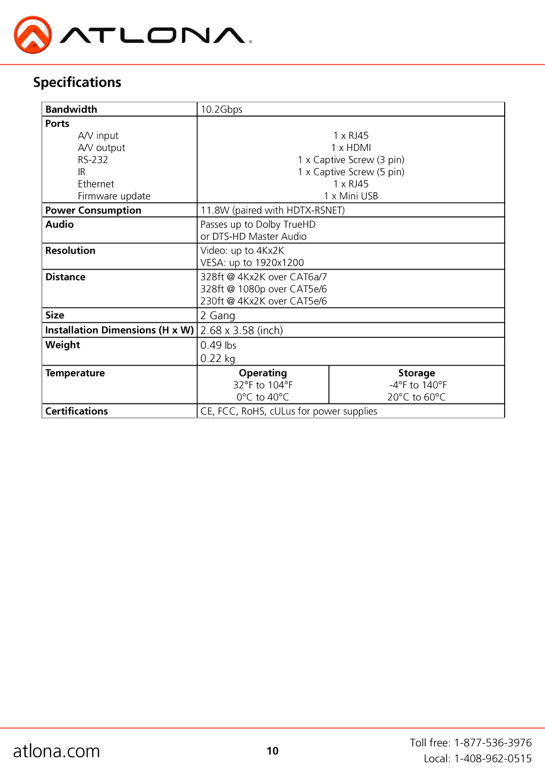 Atlona AT-HDWP-RSNET user manual Specifications, Ports 