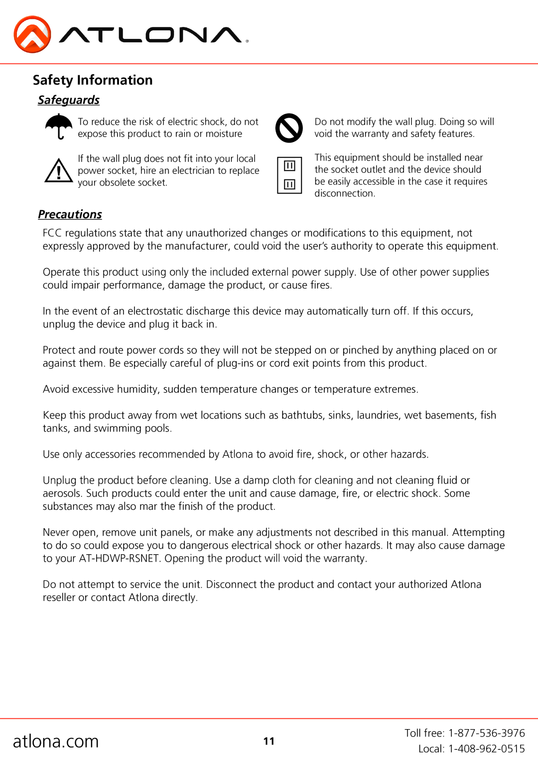 Atlona AT-HDWP-RSNET user manual Safety Information, Safeguards 