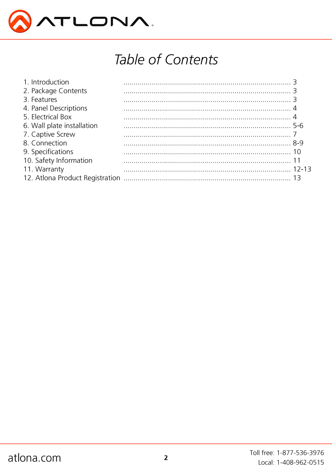 Atlona AT-HDWP-RSNET user manual Table of Contents 