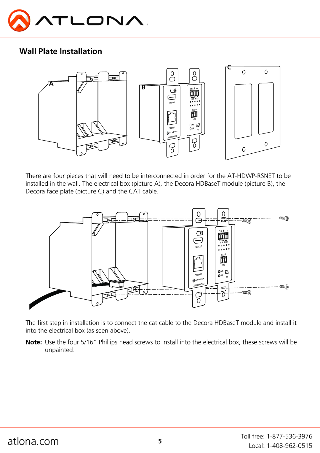 Atlona AT-HDWP-RSNET user manual Wall Plate Installation 