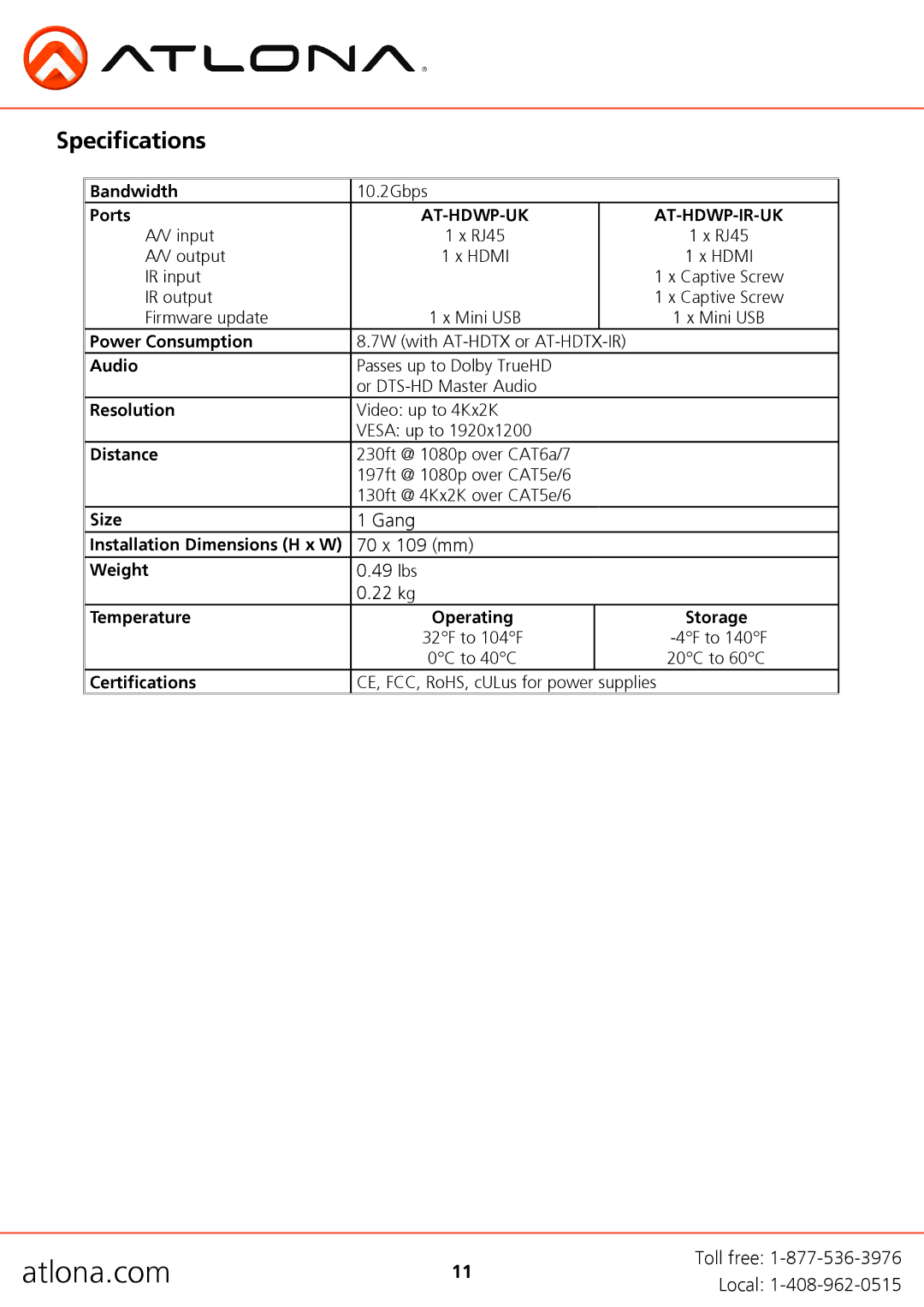 Atlona AT-HDWP-IR-UK, AT-HDWP-UK user manual Specifications, Ports 