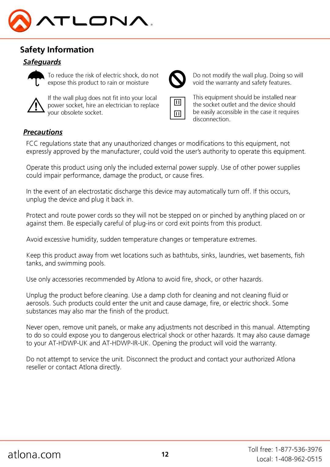 Atlona AT-HDWP-UK, AT-HDWP-IR-UK user manual Safety Information, Safeguards 