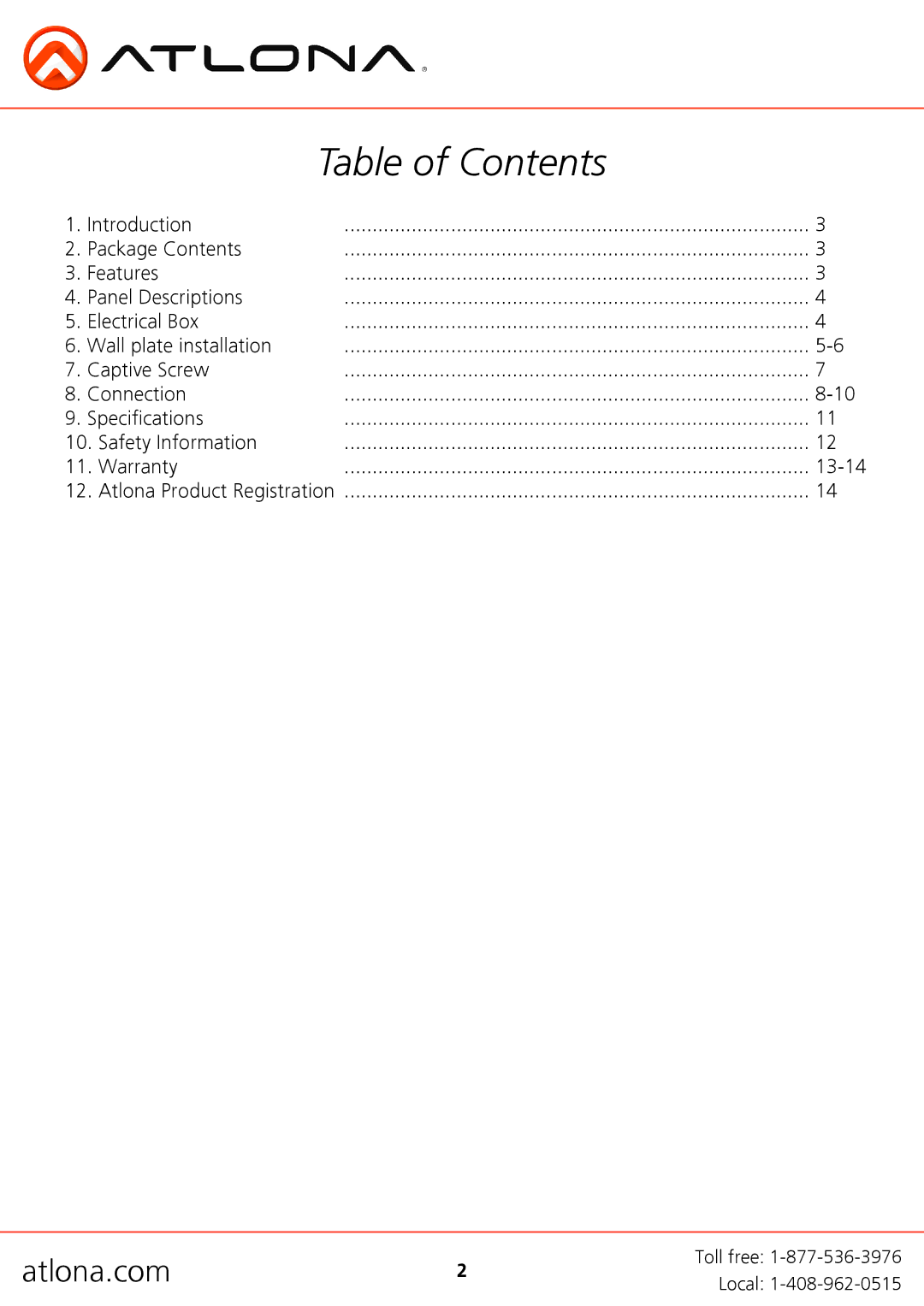 Atlona AT-HDWP-UK, AT-HDWP-IR-UK user manual Table of Contents 