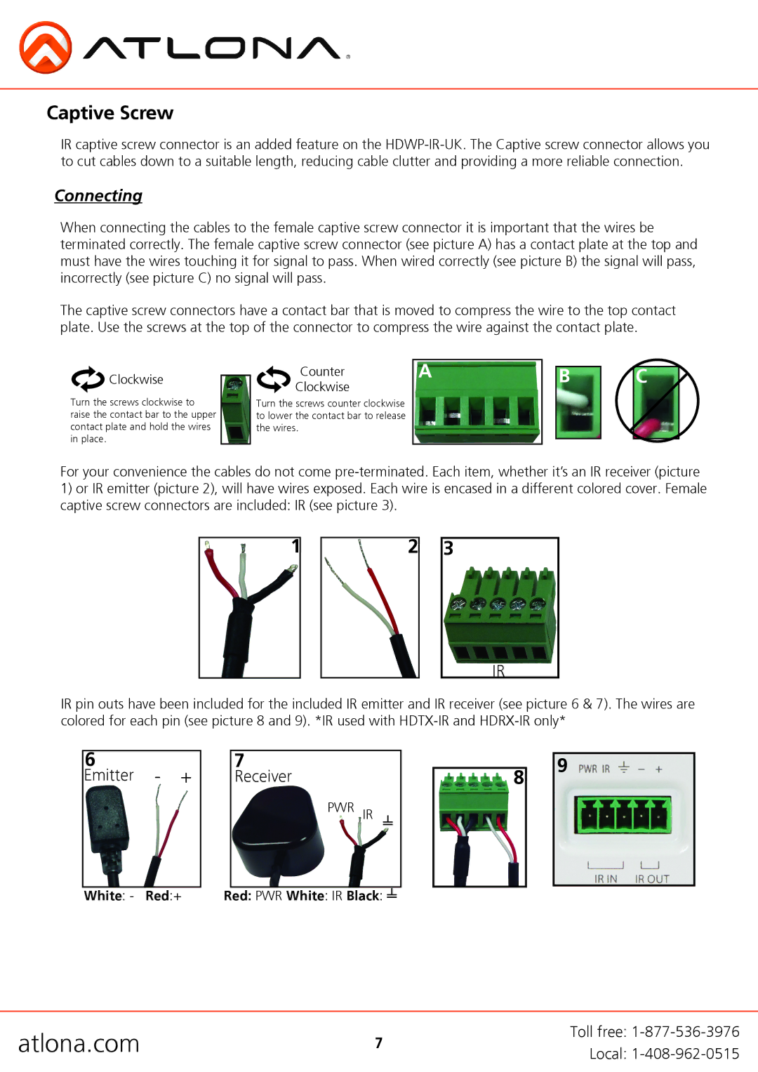 Atlona AT-HDWP-IR-UK, AT-HDWP-UK user manual Captive Screw, Connecting 