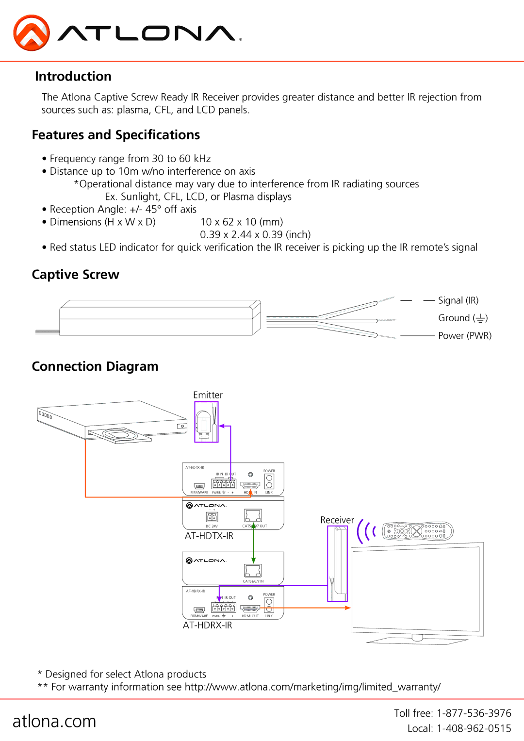 Atlona AT-IRX-CS manual Introduction, Features and Specifications, Captive Screw, Connection Diagram 