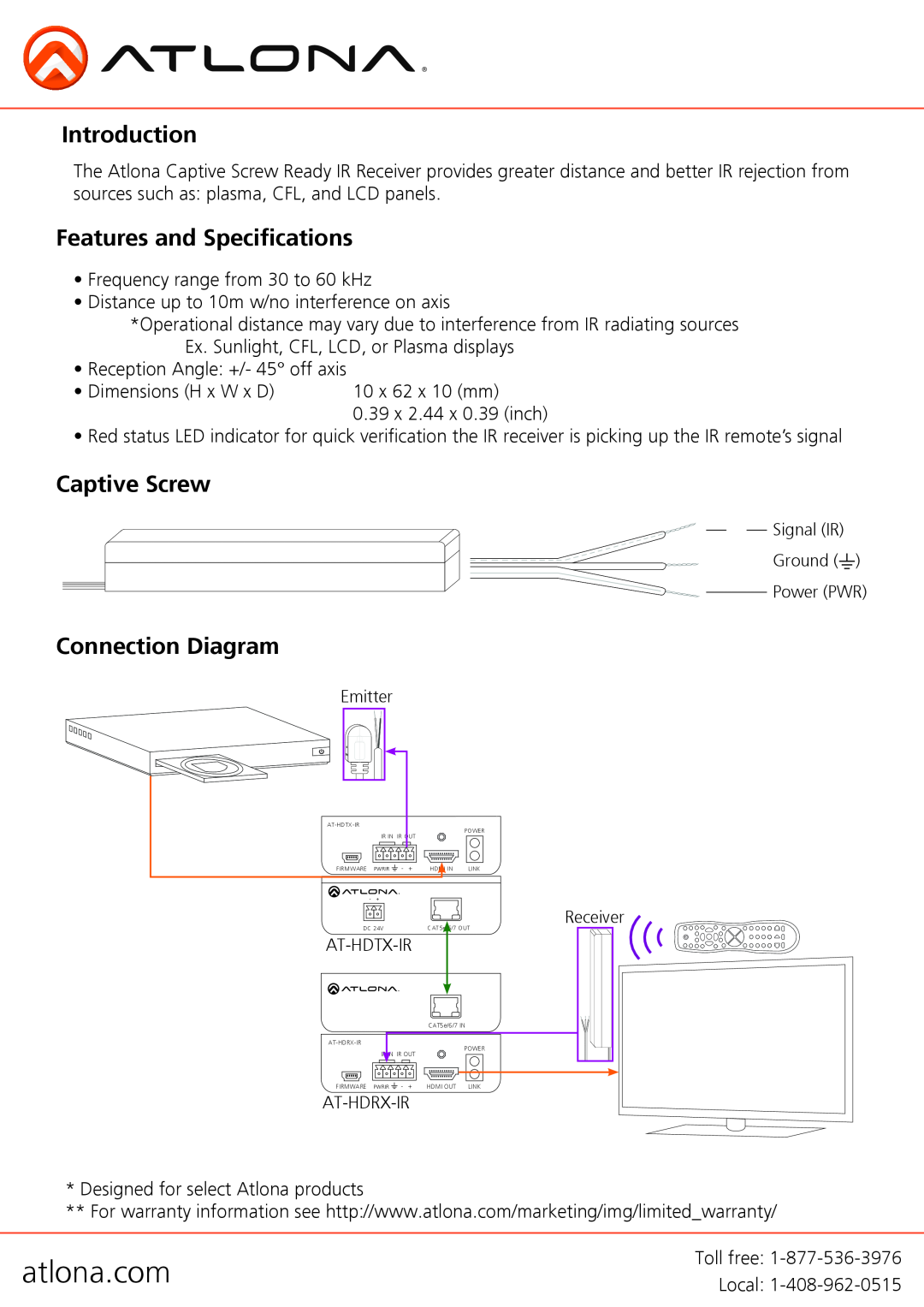 Atlona AT-IRX-CS manual atlona.com, Introduction, Features and Specifications, Captive Screw, Connection Diagram 