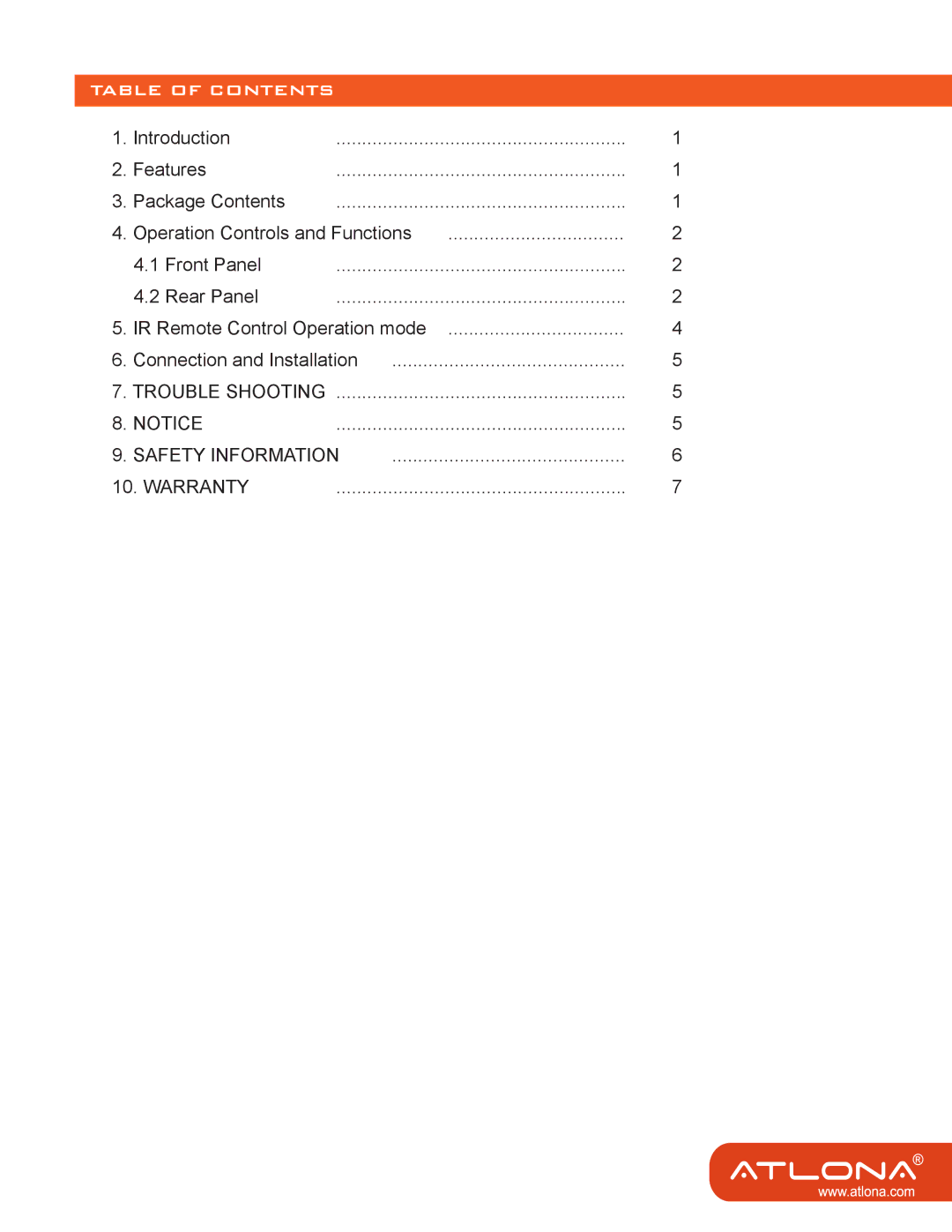 Atlona AT-LINE-EX user manual Table of Contents 