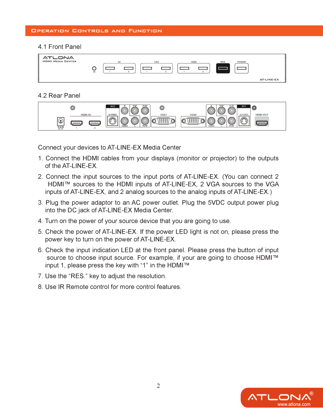 Atlona AT-LINE-EX user manual Operation Controls and Function 