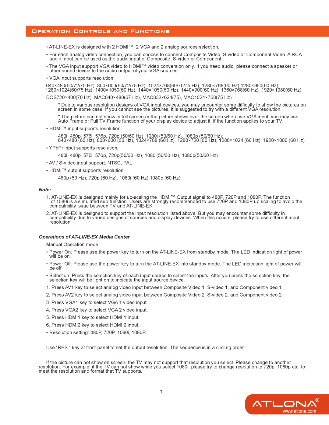 Atlona user manual Operation Controls and Functions, Operations of AT-LINE-EX Media Center 