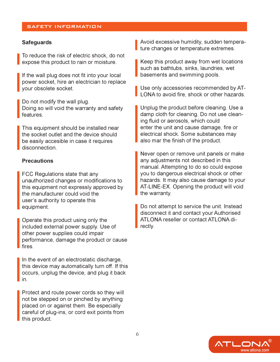 Atlona AT-LINE-EX user manual Safety Information, Safeguards 