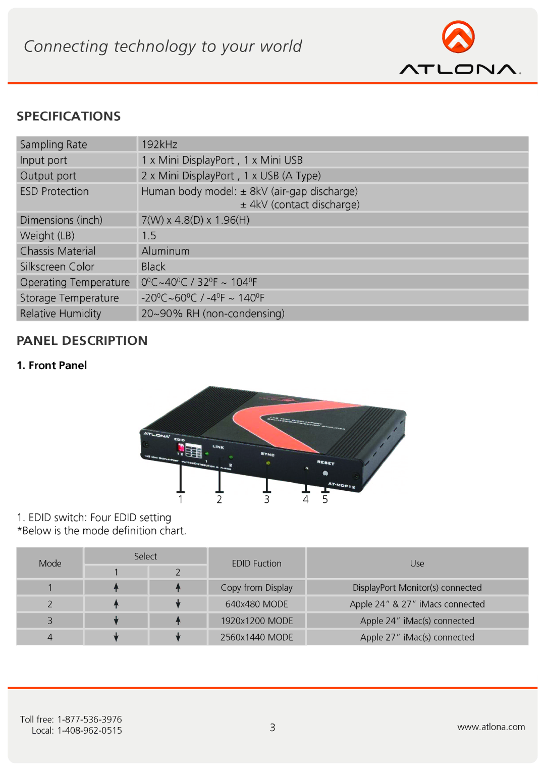 Atlona AT-MDP12 user manual Specifications, Panel Description, Front Panel 