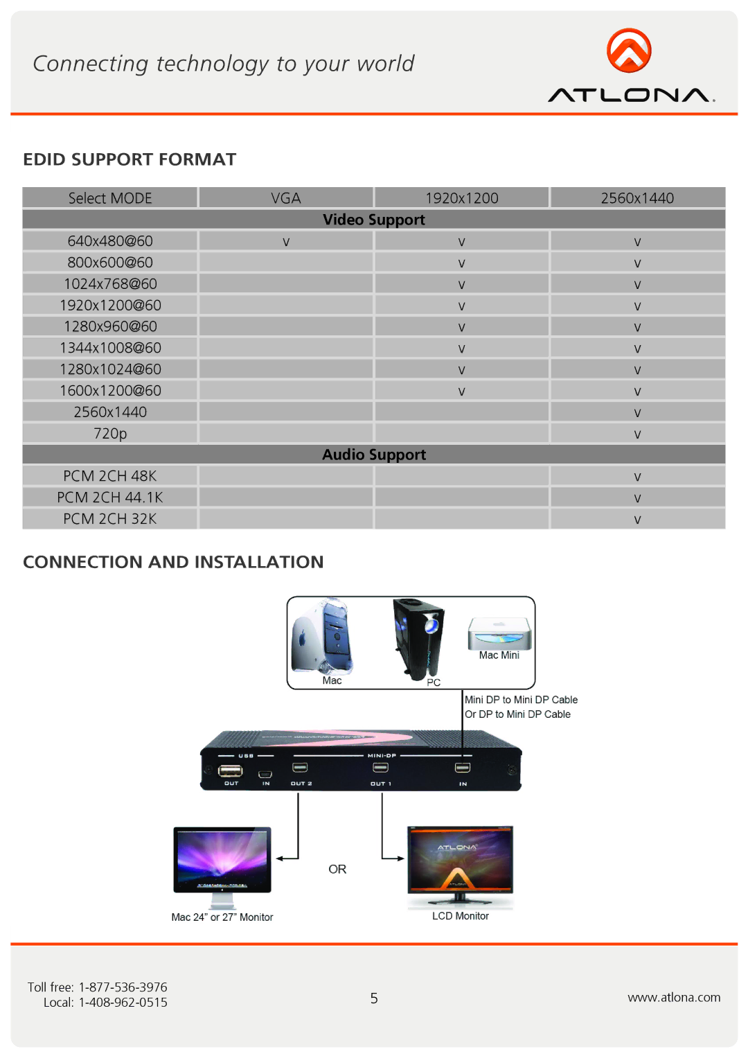 Atlona AT-MDP12 user manual Edid Support Format, Connection and Installation, Video Support, Audio Support 