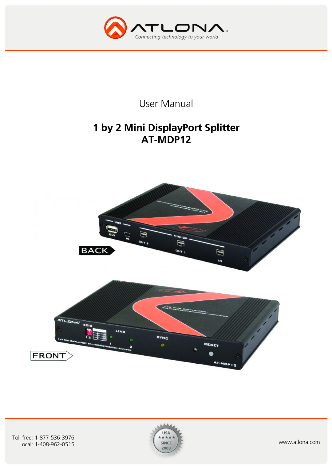 Atlona user manual 1 by 2 Mini DisplayPort Splitter AT-MDP12 