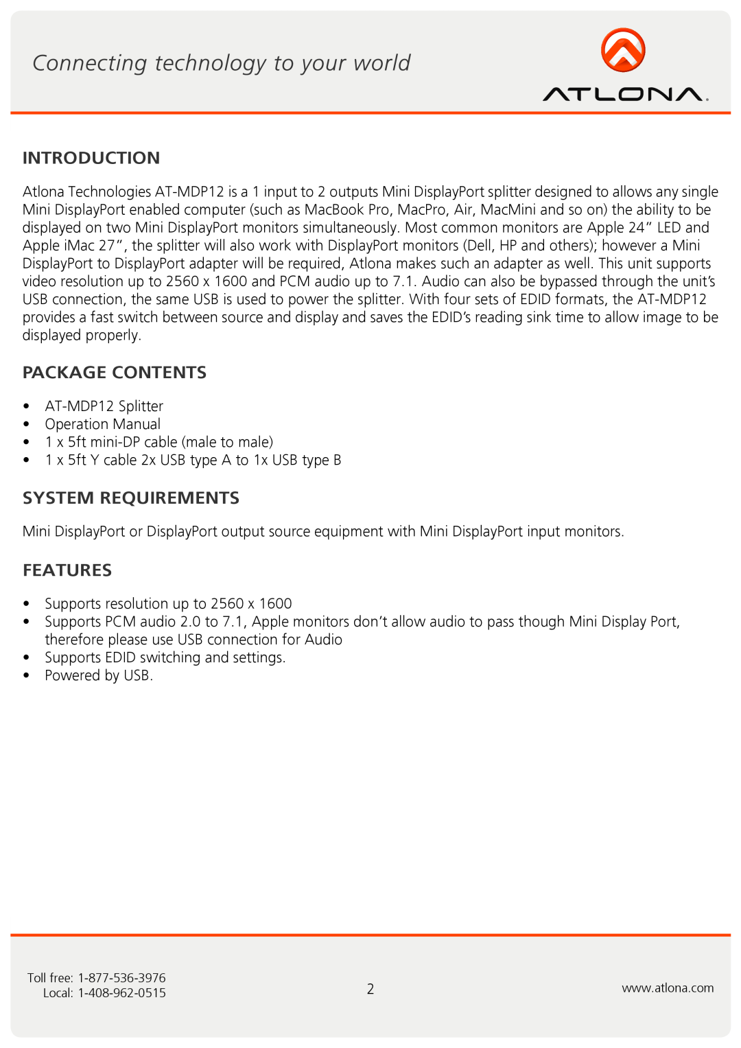 Atlona AT-MDP12 user manual Introduction, Package Contents, System Requirements, Features 