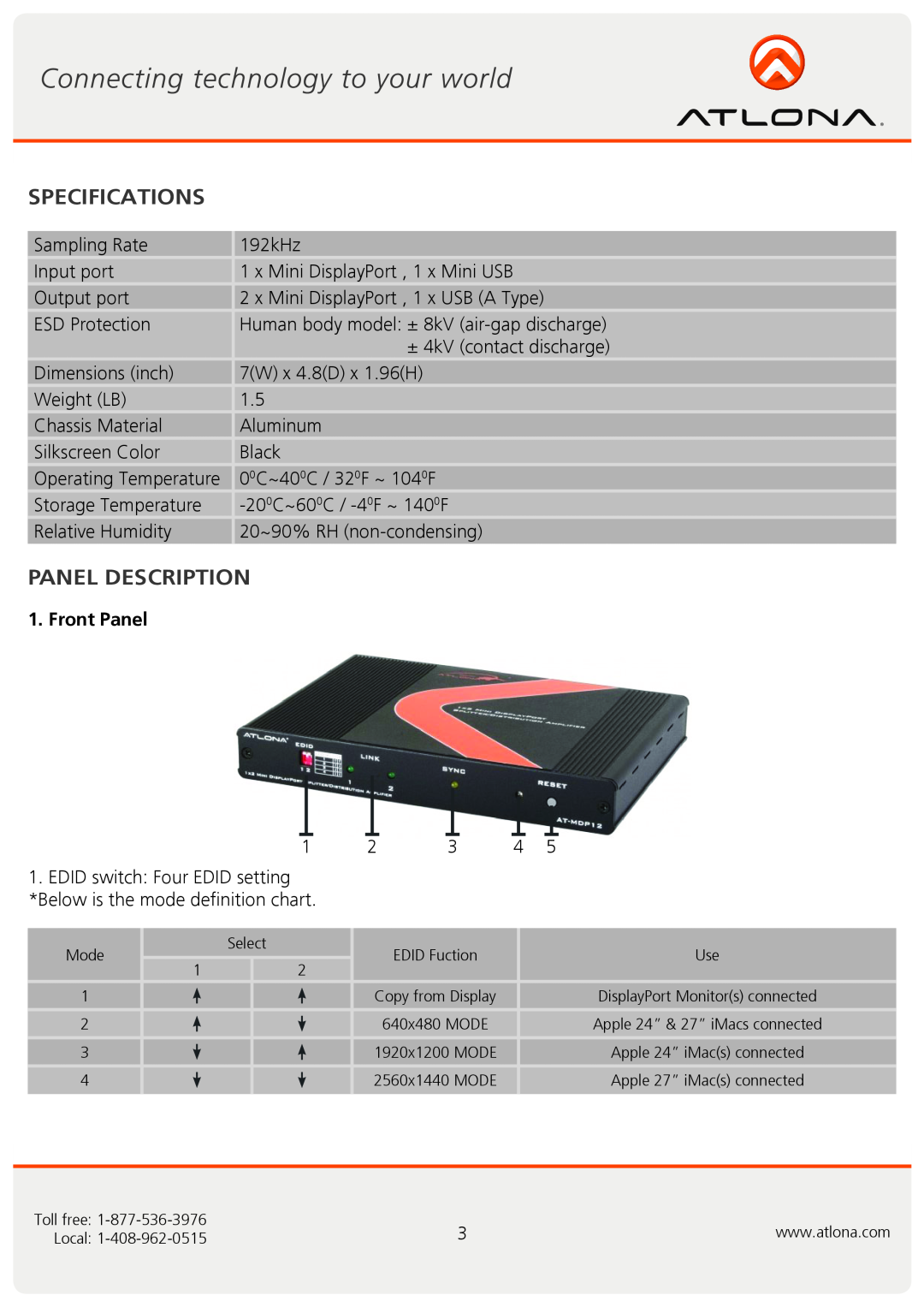 Atlona AT-MDP12 user manual Specifications, Panel Description, Front Panel 