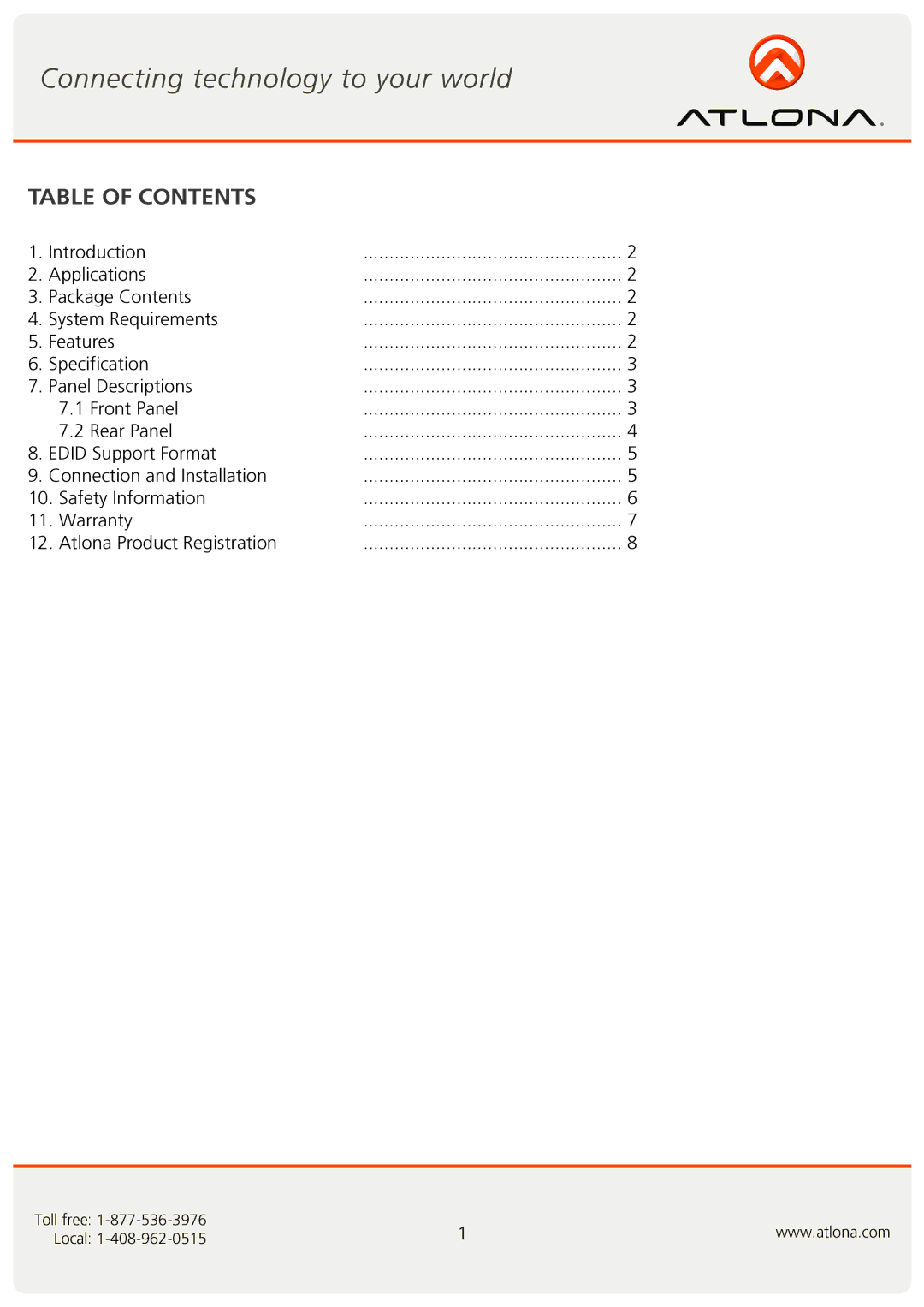 Atlona AT-MDP14 user manual Table of Contents 