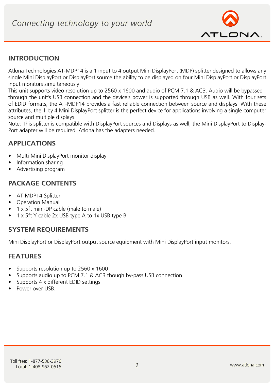 Atlona AT-MDP14 user manual Introduction, Applications, Package Contents, System Requirements, Features 