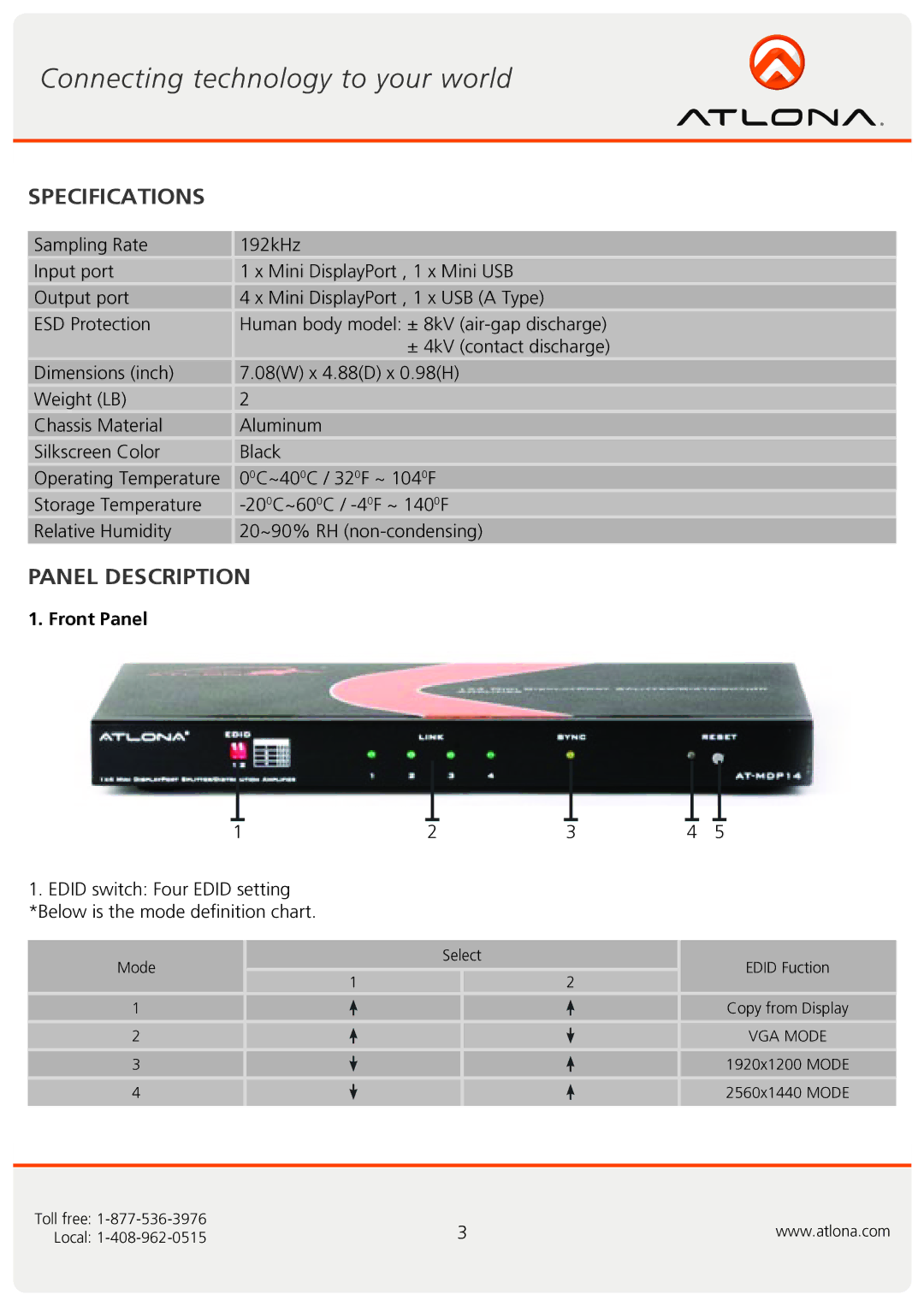 Atlona AT-MDP14 user manual Specifications, Panel Description, Front Panel 