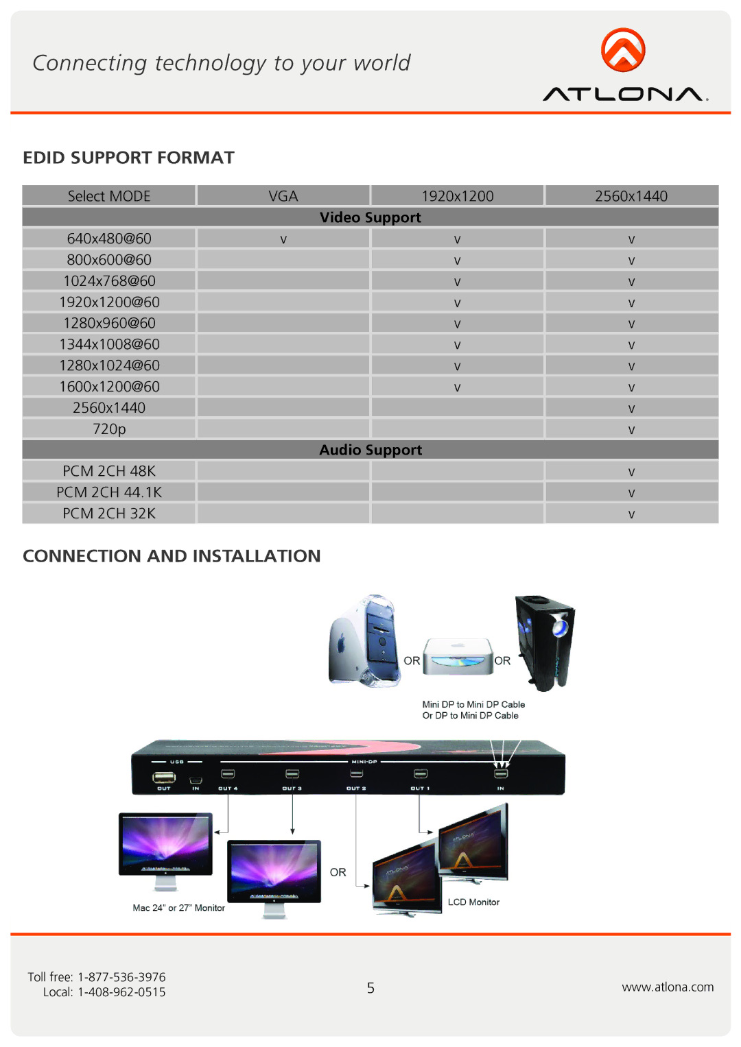 Atlona AT-MDP14 user manual Edid Support Format, Connection and Installation, Video Support, Audio Support 