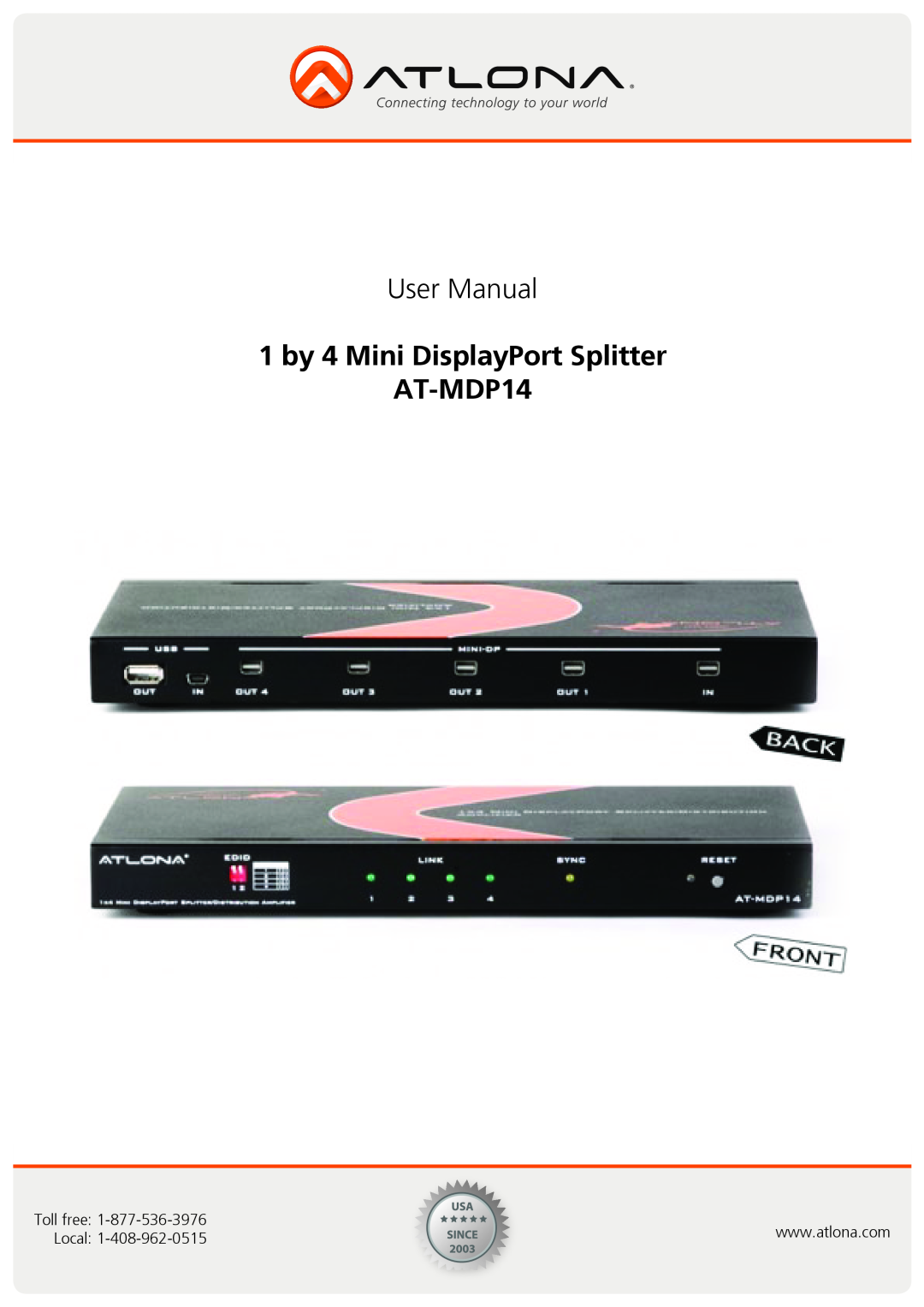 Atlona user manual 1 by 4 Mini DisplayPort Splitter AT-MDP14, Toll free, Local 