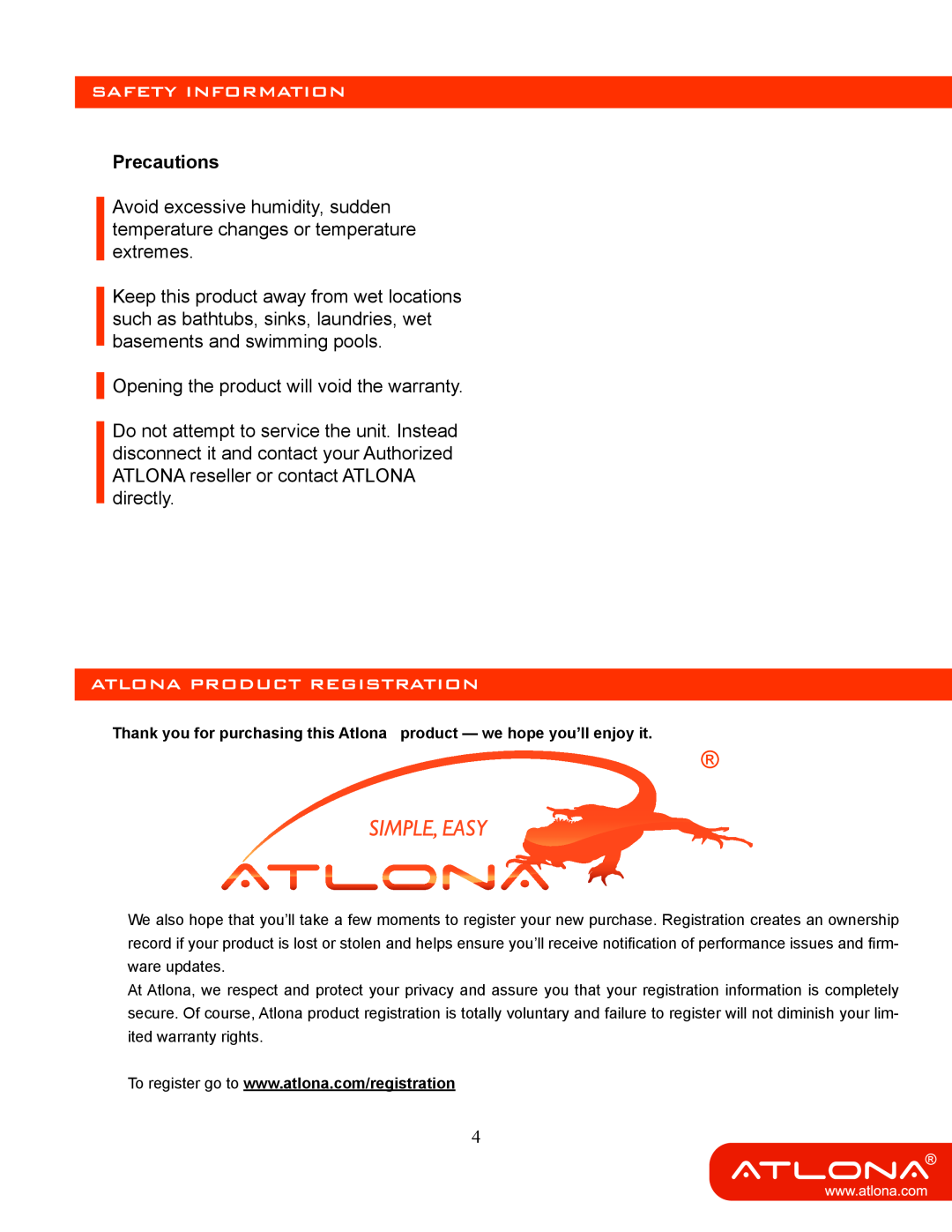 Atlona AT-MDP21 user manual Safety Information, Precautions, Atlona Product Registration 