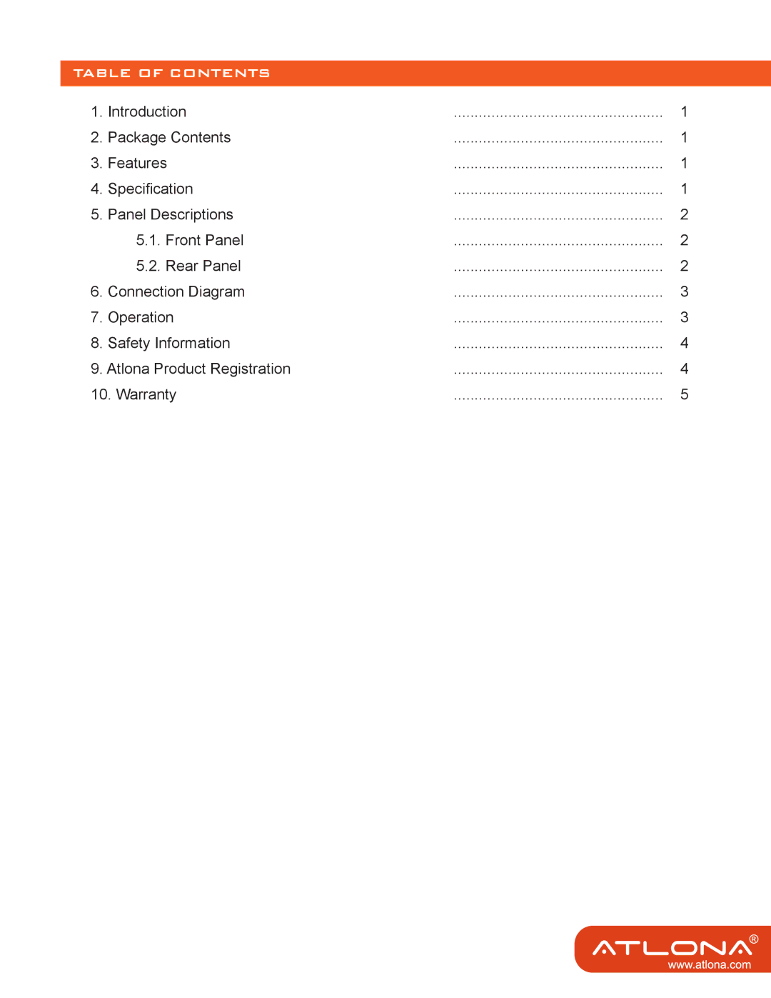 Atlona AT-MDP21 user manual Table of Contents 