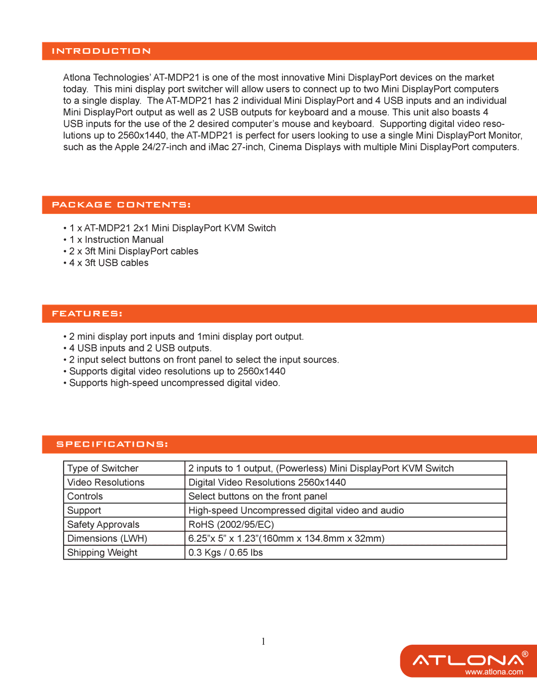 Atlona AT-MDP21 user manual Introduction, Package Contents, Features, Specifications 