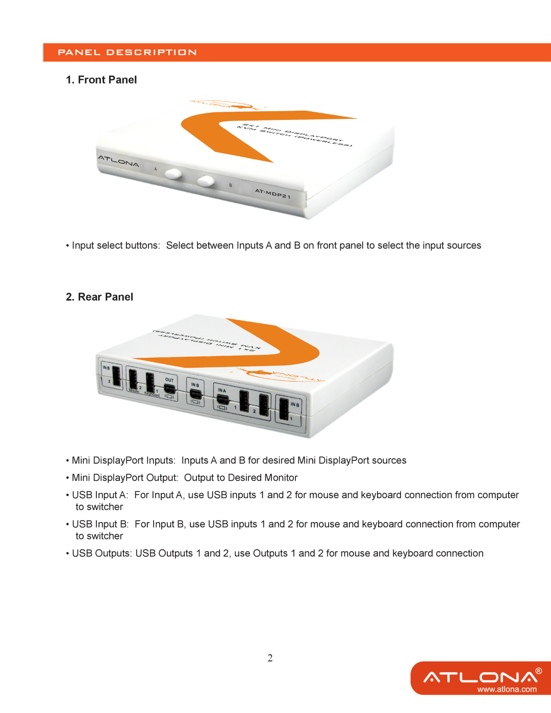 Atlona AT-MDP21 user manual Panel Description, Front Panel, Rear Panel 