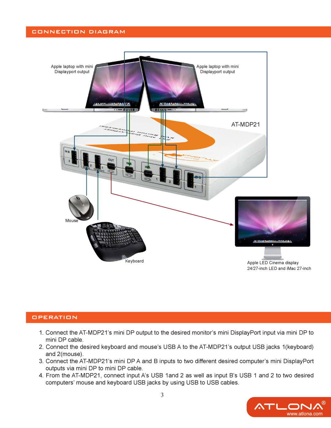 Atlona AT-MDP21 user manual Connection Diagram, Operation 